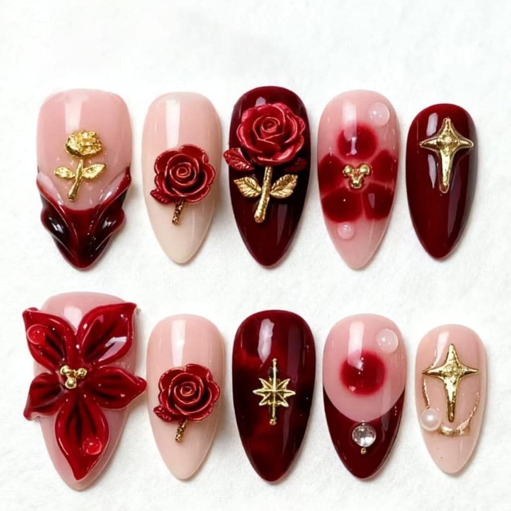 Unhas Postiças de Amêndoa com Rosas Vermelhas, Flores Artificiais, Unhas Acrílicas Douradas para Mulheres