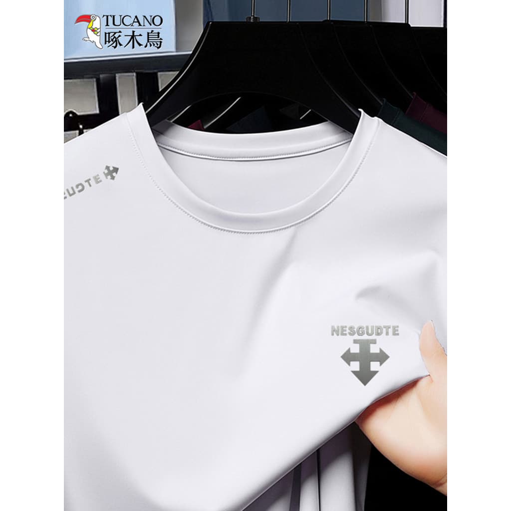 Woodpecker camiseta masculina de manga curta seda gelo roupas de secagem rápida juventude verão estilo fino correndo Fit