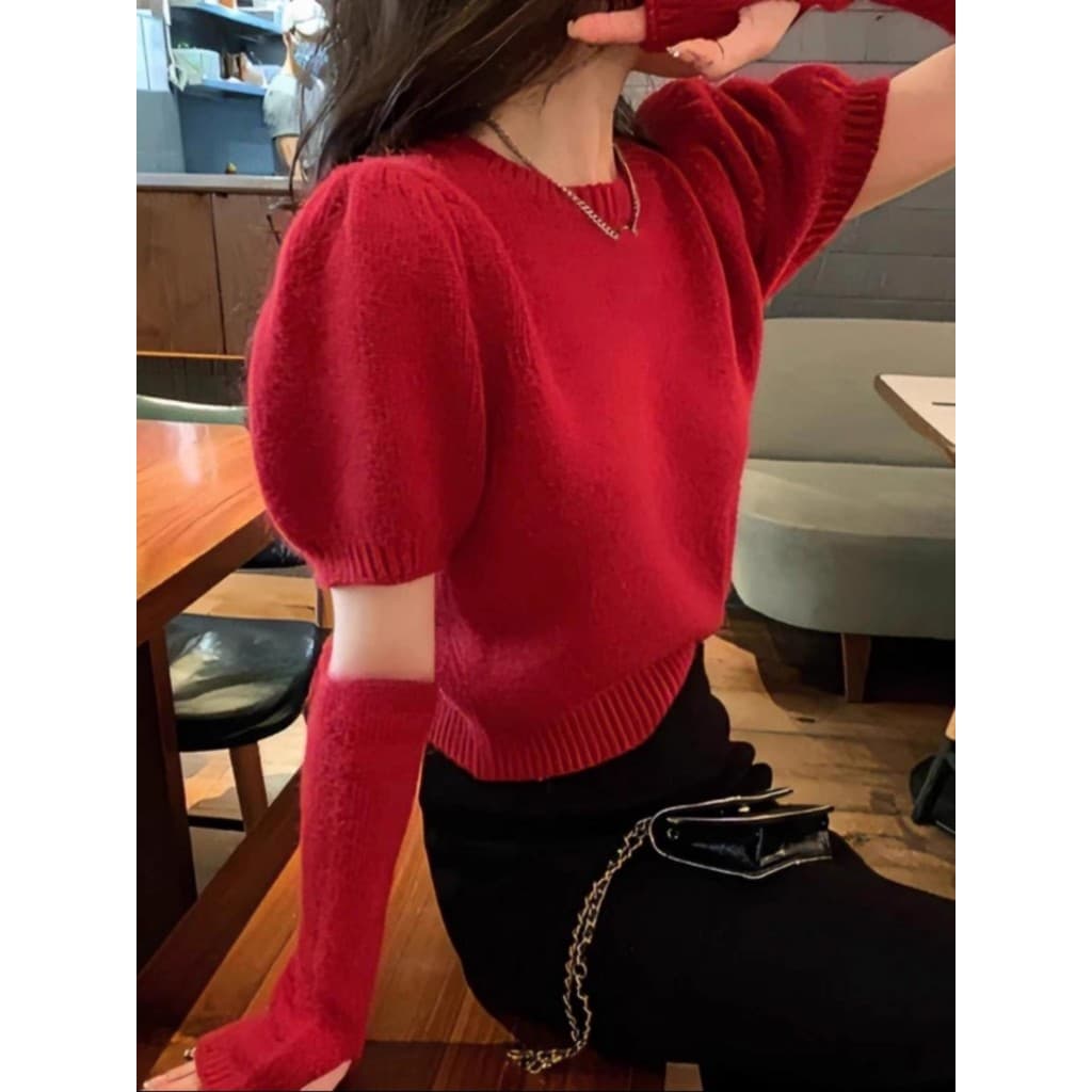 Ano novo vermelho Puff manga camisola feminina 2025 outono inverno estilo curto High-End estilo ocidental camisola festi