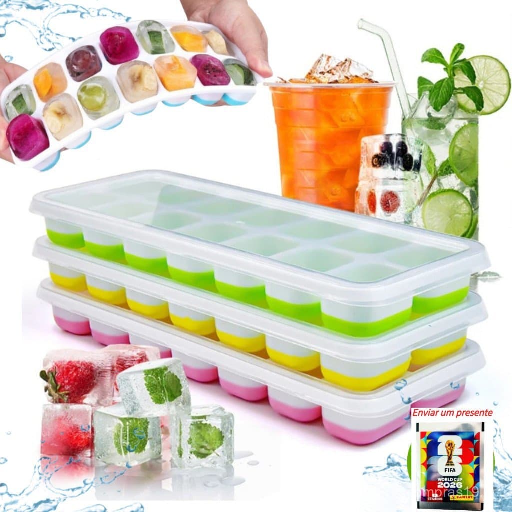 Kit 2 Formas de Gelo com Fundo de Silicone com Tampa Rígida Flexível