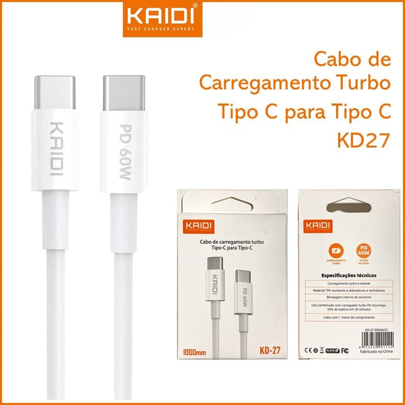 Cabo Carregamento Turbo 30W Tipo C para Tipo C 1m KAIDI KD-27/KD-01C