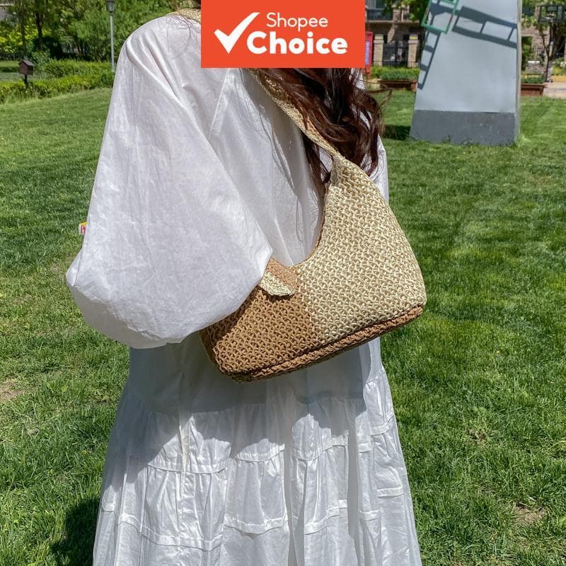 Bolsa de palha feminina de verão, bolsa casual de cor contrastante para as axilas, ideal para férias na praia.