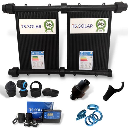 Kit Aquecimento Solar Piscina 1.500L TS Solar 2 Placas 2m Kit Instalação + Controlador + Válvula