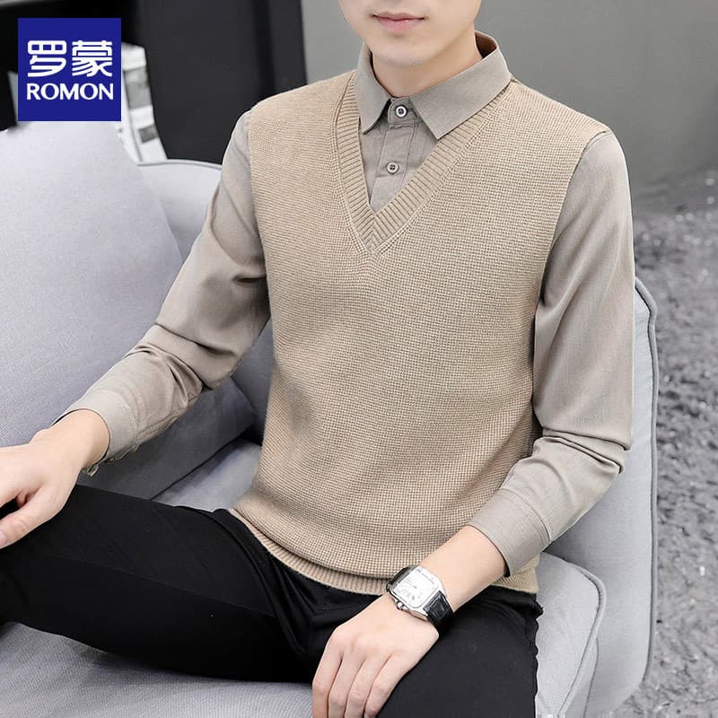 Lomon falso camisola de duas peças masculino outono novo estilo fino-ajuste Bottoming topo na moda Casual camisa colarin