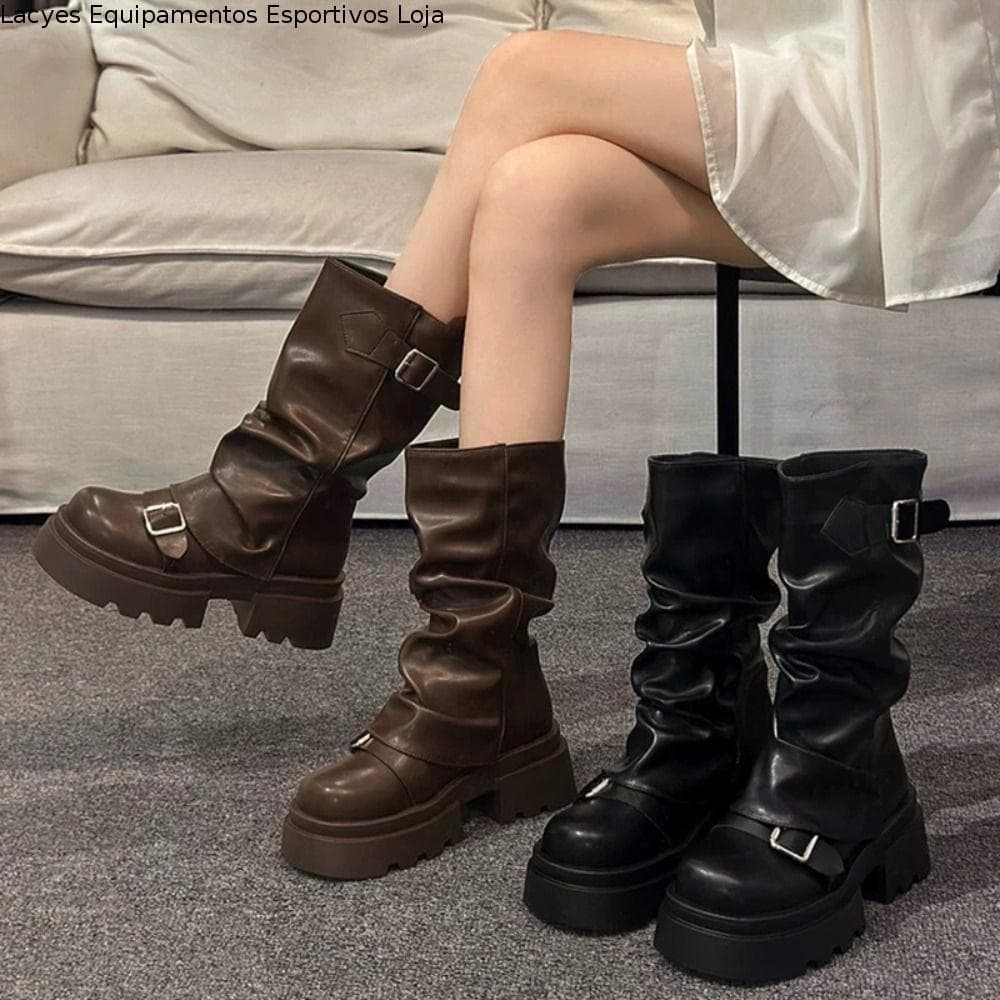 LACYES Botas Femininas Até O Joelho , Novo Design Plataforma De Motociclista , Fivela De Cinto Y2K Punk Mid Pipe
