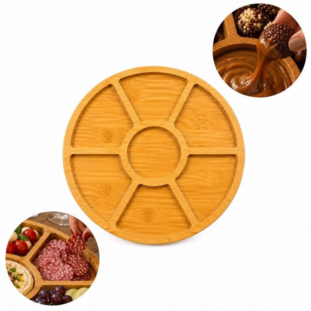 PETISQUEIRA 7 DIVISORIAS MADEIRA BANDEJA REDONDA PETISCOS TABUA PREMIUM MDF FRIOS APERITIVOS CHURRASCO QUEIJOS GOURMET M
