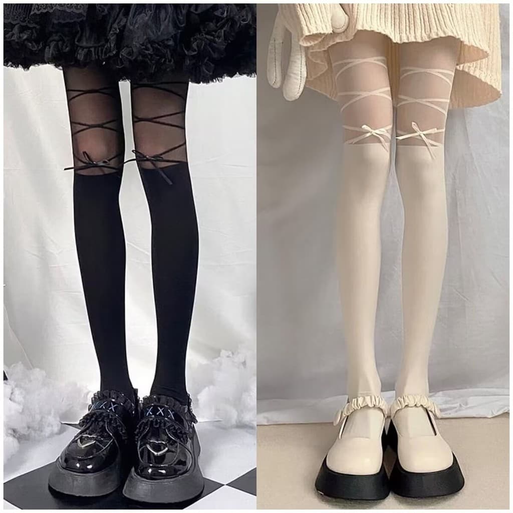 Bowknot meias japonês doce cruz cinta falso tubo alto costura meia-calça feminina coxa falsa sobre o joelho meias