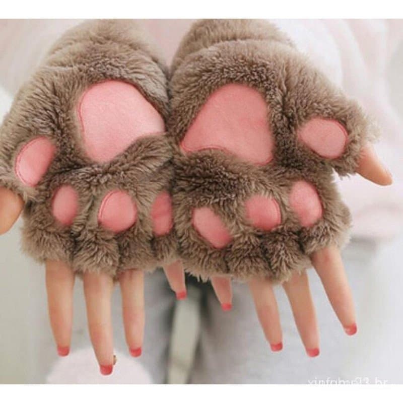 Um Par De Luvas De Pelúcia Femininas Com Garra De Urso Macia E Pata De Gato De Meio Dedo DDFH
