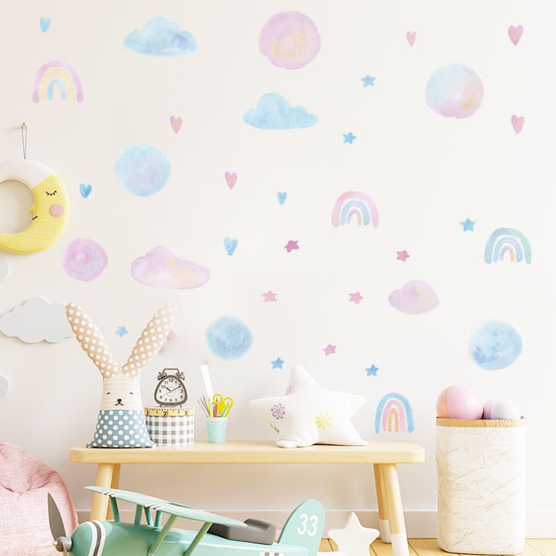 Adesivos de parede bonito aquarela nuvens arco-íris amor quarto das crianças jardim de infância estilo dopamina decoraçã