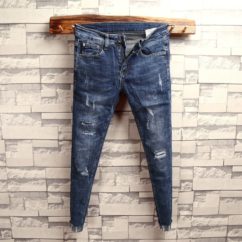 Versão coreana calças magras masculinas rasgadas exclusivas calças desgastadas All-Match Jeans masculino outono fino aju