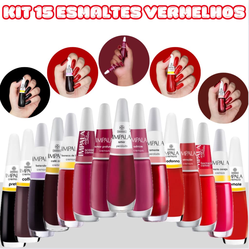 KIT Manicure 15 Esmaltes Coleção Tons Escuros e Vermelhos IMPALA