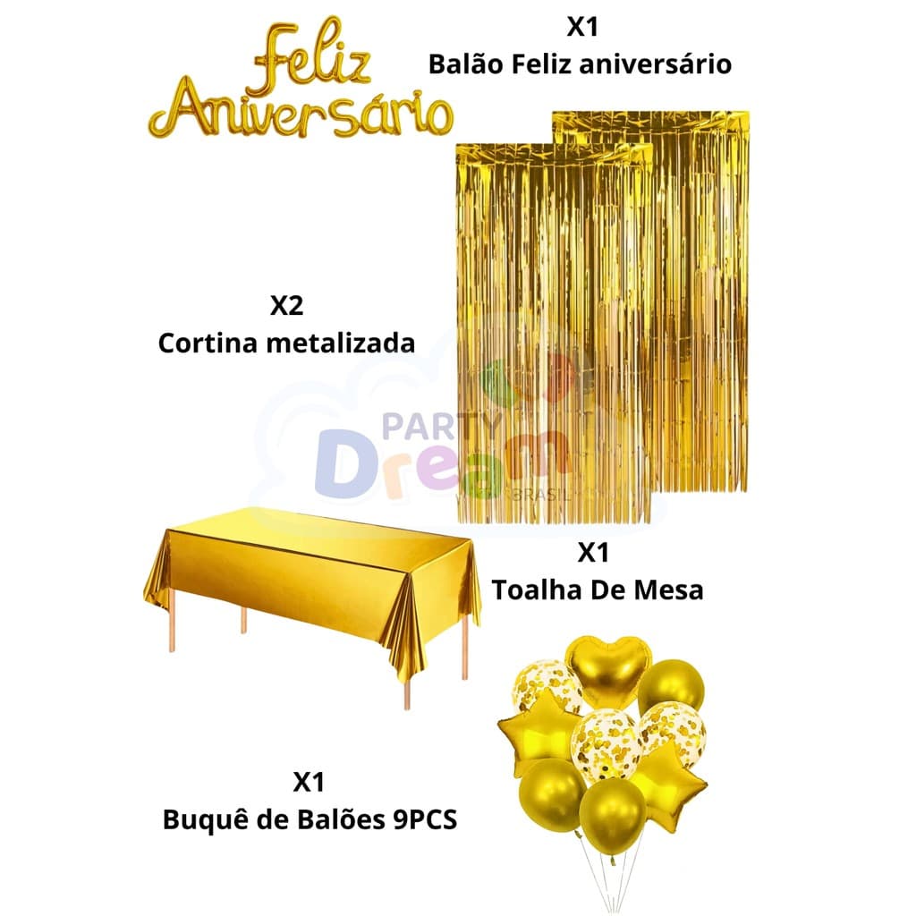 Kit Balão Metalizado Feliz Aniversario + Toalha de Mesa + Balões + 2 Cortina Lisa Brilhante