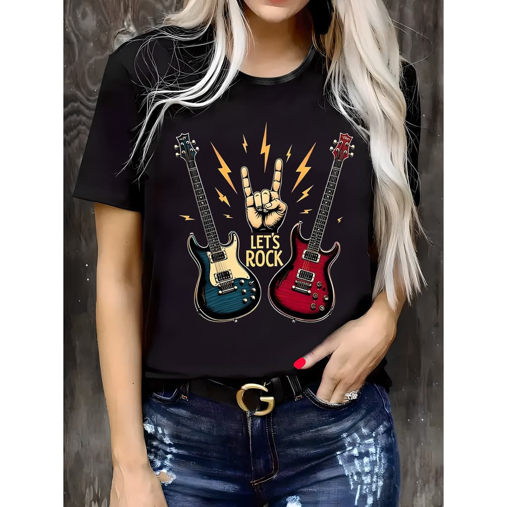 Camiseta preta solta unissex | Estampa de gesto de rock e guitarras - Camisa casual de festival estilosa