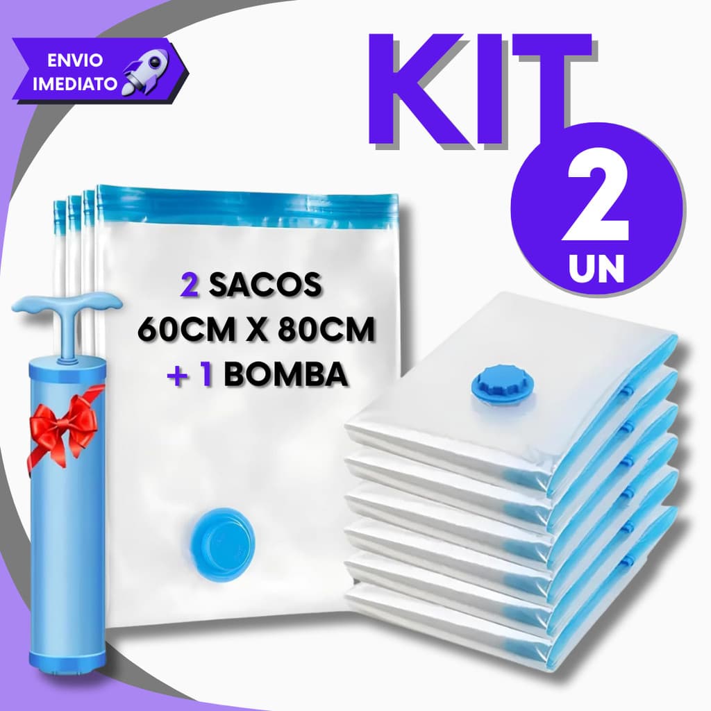 Kit 2 Sacos de Armazenamento a Vácuo 60x80cm + Bomba Manual para Casa e Viagem