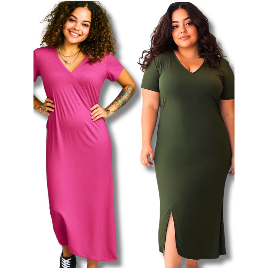 Kit Vestido Midi Feminino Plus Size Tecido Leve Gola V Longo Fenda Lateral Liso