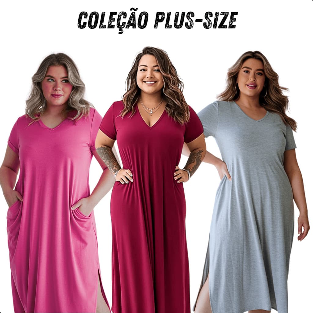 Kit Vestido Feminino Plus Size Saruel Fenda Lateral do P ao G3 Com Bolso Longo Soltinho Saruel Moda Gestante