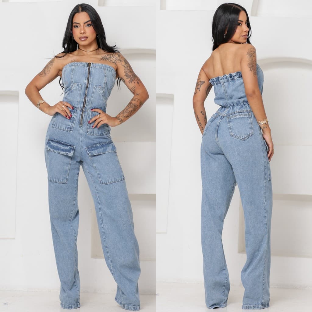 Macacão Jeans Feminino Cargo Com Bolsos Funcionais e Fechamento Zíper