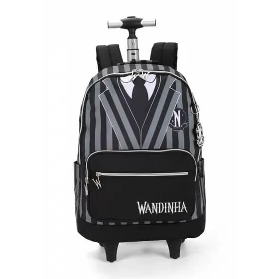 Mochila Wandinha com rodinhas e alça de costas - Modelo Luxo - Preta