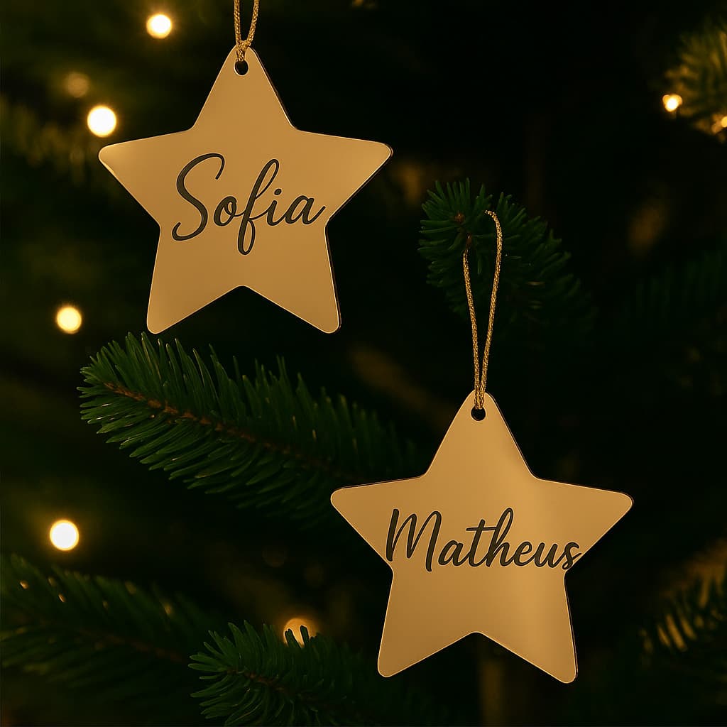 Kit 8 Enfeites Personalizados Natalinos – Nomes ou Logos, Estrelas, Bolas em Acrílico, Árvore de Natal