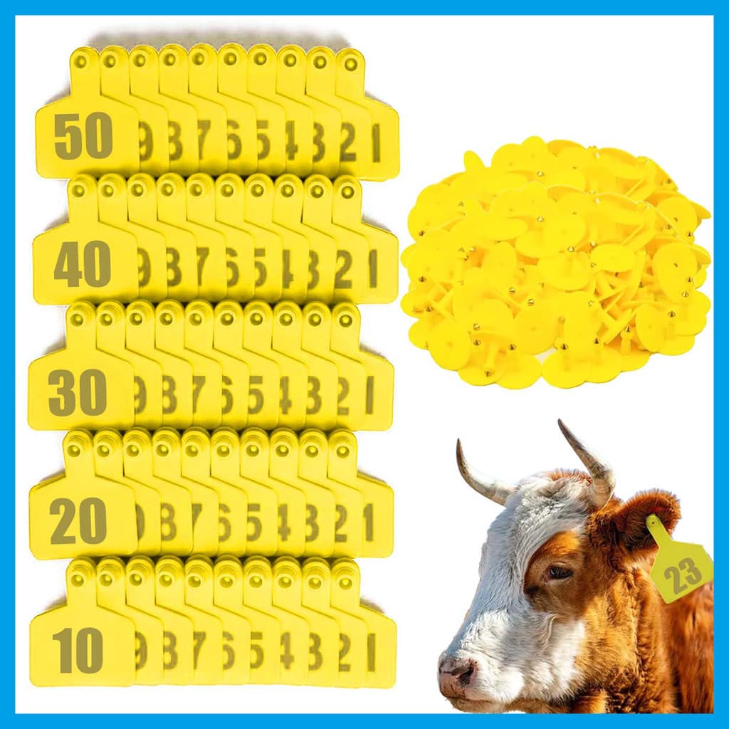 50 Pcs Brincos para Identificação de Animais de Gado Marcador de Brinco para Porcos, Amarelo número de 001 - 050