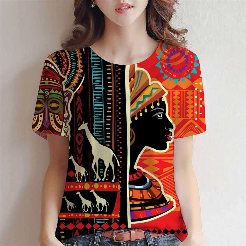 Moda Verão Feminino Africano Camisetas O Colarinho Manga Curta Plus Size Casual Retro Estilo 3D Impressão Roupas