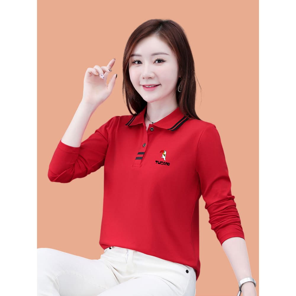Woodpecker genuíno puro algodão de manga comprida camiseta feminina primavera outono meia-idade idosos POLO lapela camis