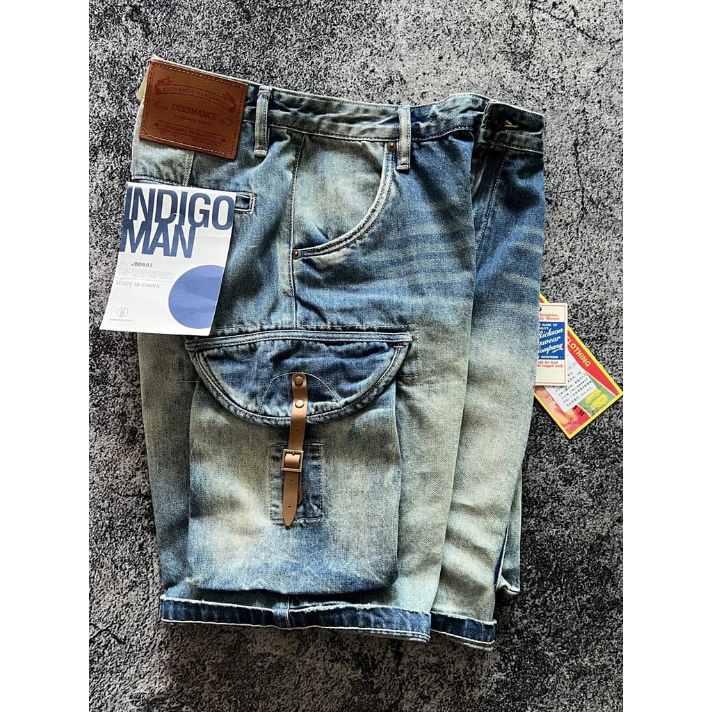 Americano Retro lavado angustiado gato branco bigode Denim Shorts Multi-bolso macacão verão calças de cinco pontos calça