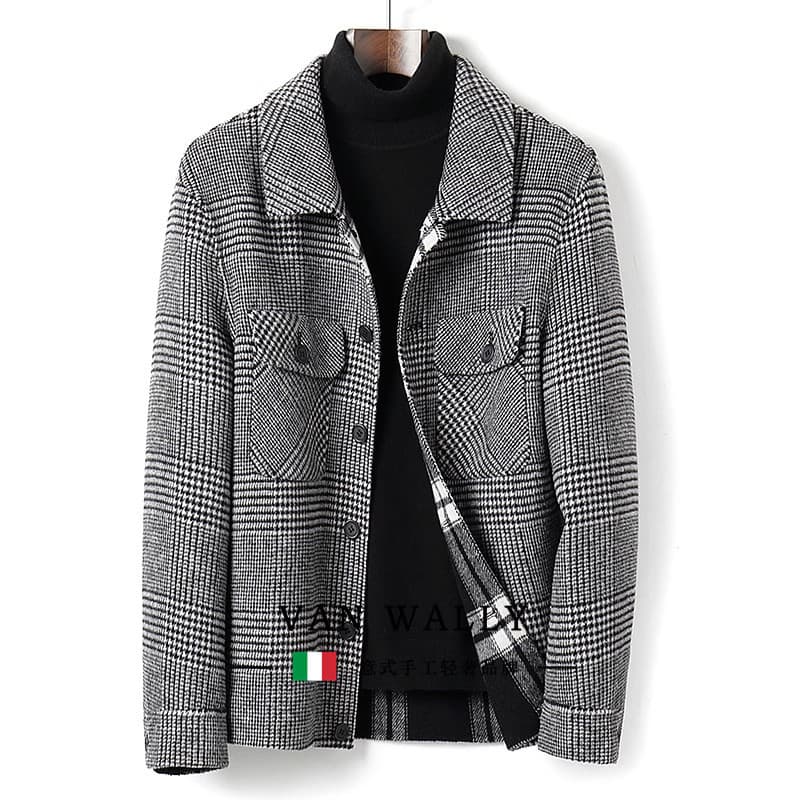 Outono inverno Houndstooth xadrez dupla face casaco de lã masculino curto negócios Casual Cashmere-livre