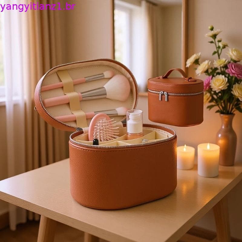 Bolsa De Maquiagem De Couro Portátil Organizador Cosmético De Viagem Com Divisor Removível E Alça Para Mulher SHOPSKC958