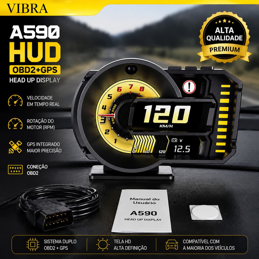 A590 Digital Car HUD with OBD2 + GPS Speedometer, OBD Scanner, Real-Time Information Compatible