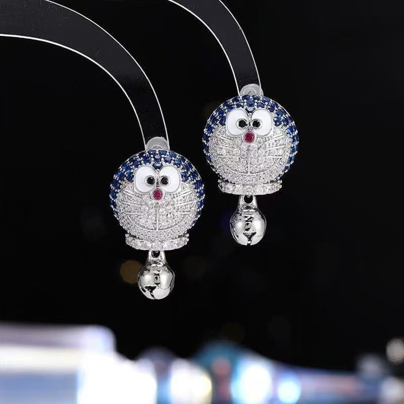 [Estoque pronto] Novo estilo fofo Tinkerbell gato azul gordo brincos de desenho animado feminino requintado elegante luz