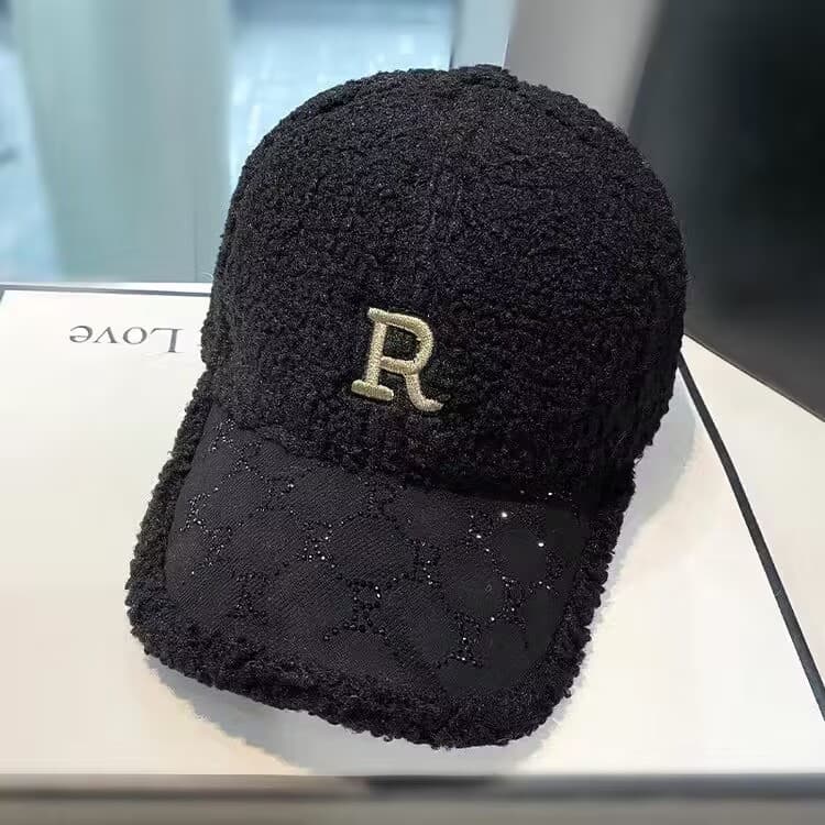 Coreano na moda legal R carta cordeiro velo boné de beisebol feminino outono inverno quente moda strass boné feminino ol