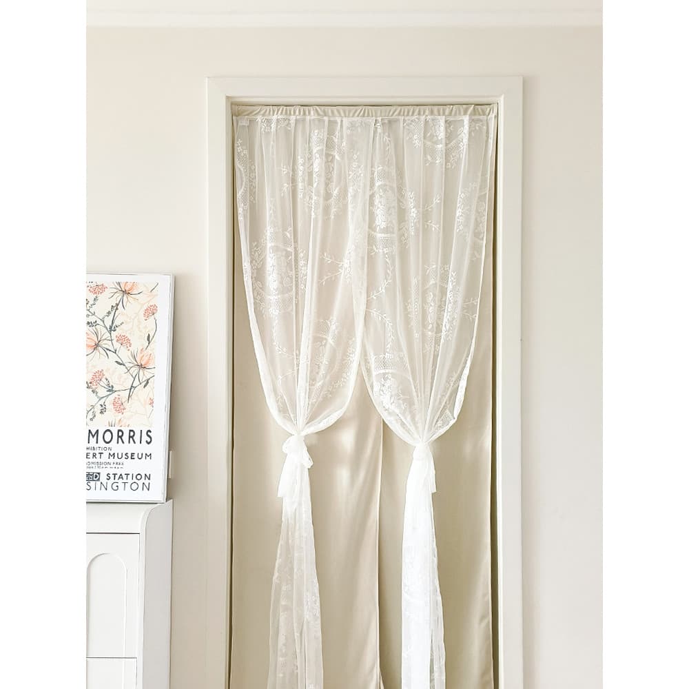 2026 novo produto cortina de porta sem perfuração luz francês bege bloco cortina estilo rococó renda cortina divisória d