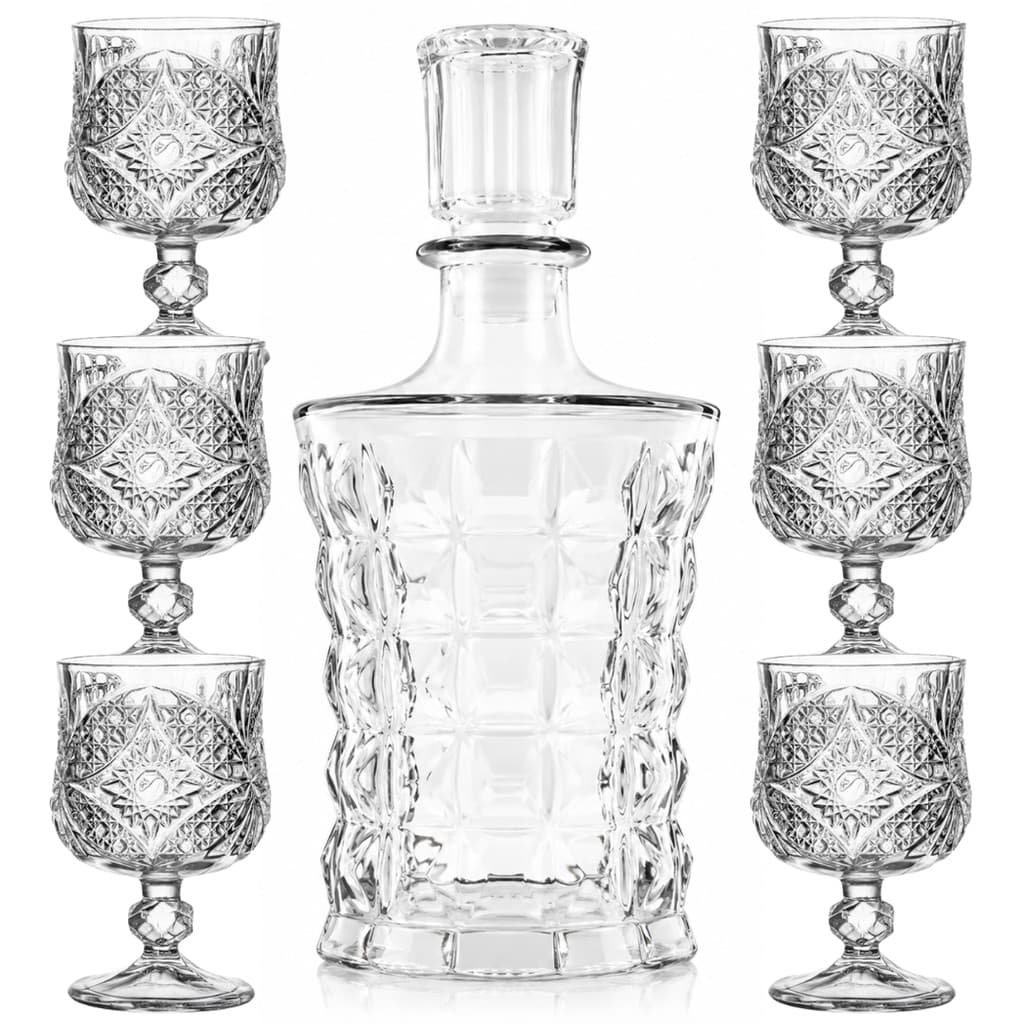 Garrafa Licoreira De Vidro + 6 Tacinhas Dose Cristal Lapidada Whisky Licor Decoração Para Casa Redonda