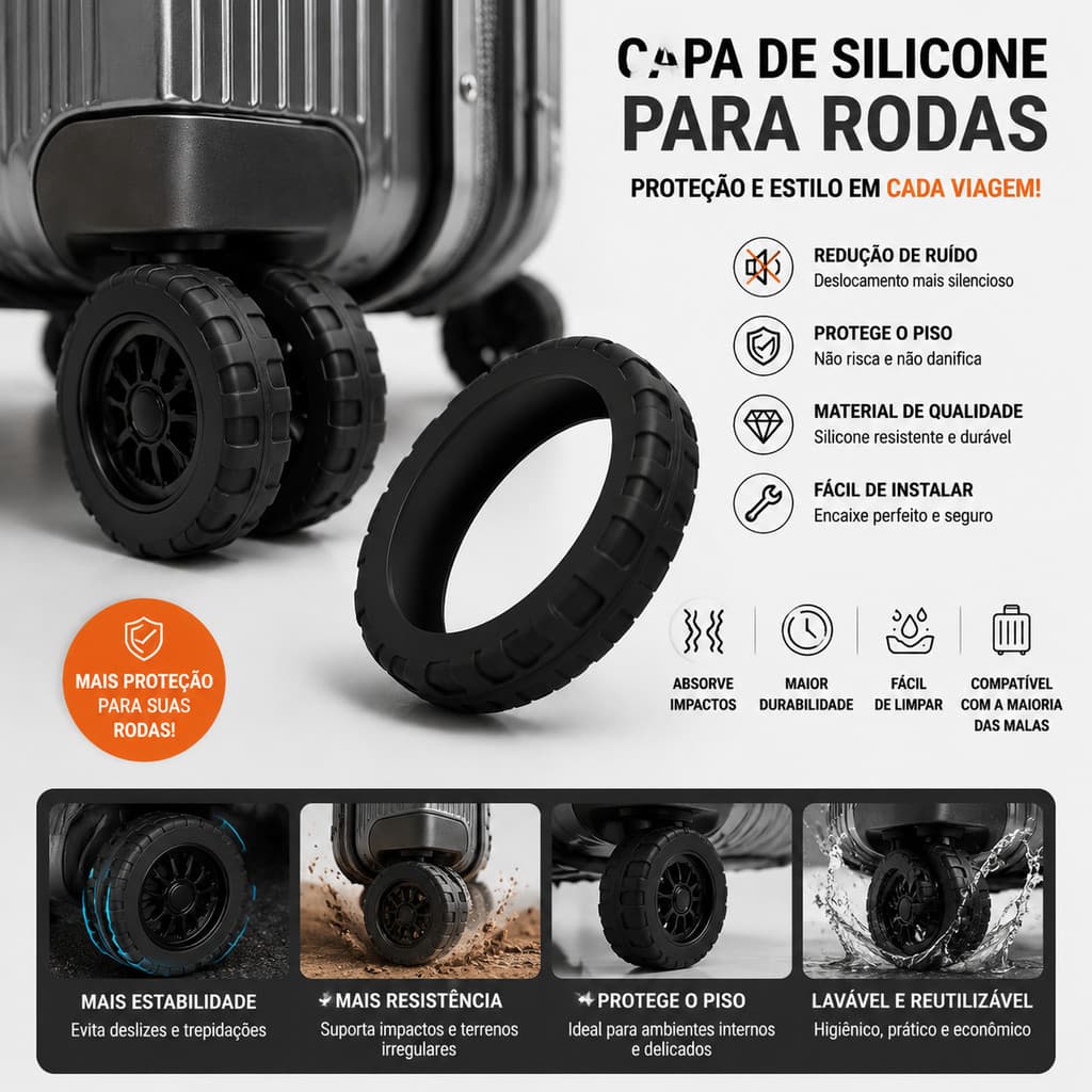 KIT8 Protetor Silicone Rodas Mala Anti Desgaste Anti Ruído Manga De Rodízio Universal Viagem