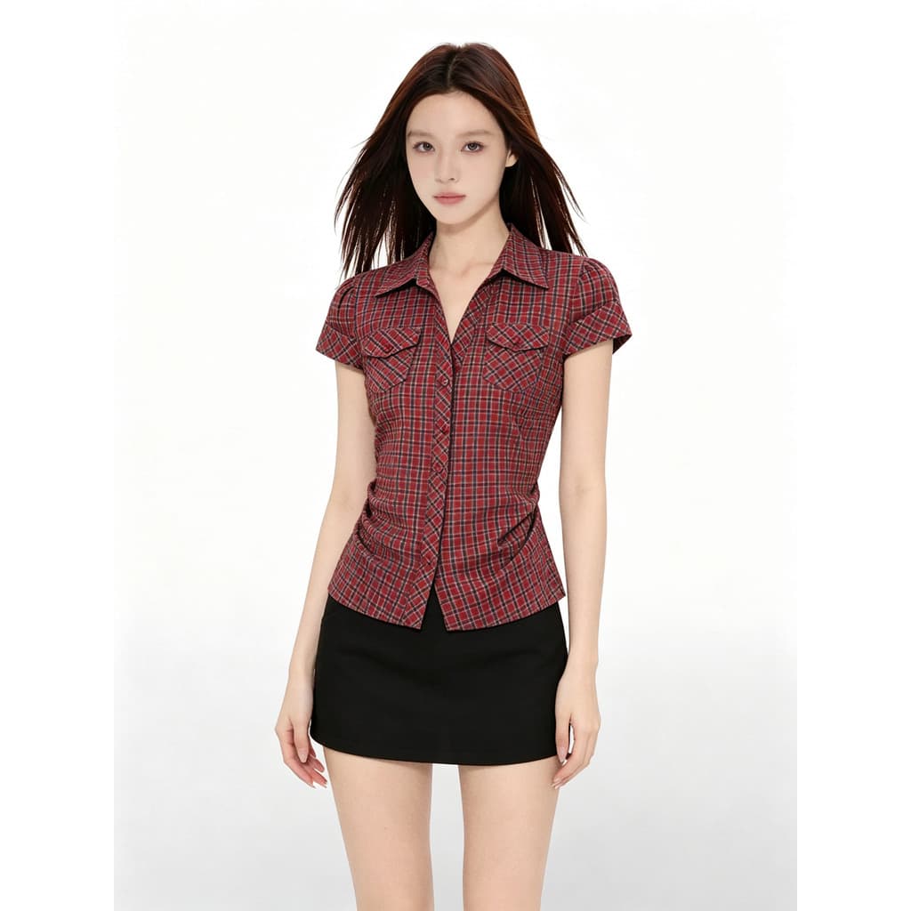 VERUMI Coreano Retro Vermelho Xadrez Bolso Camisa de Manga Curta Top Mulheres Verão Slim-fit Slimmer Look Camisa