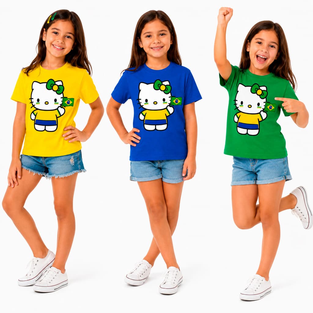 Camiseta Infantil Gatinha Fofa Brasil Copa Kawaii Menina 100% Algodão Estampa DTF Moda Conforto