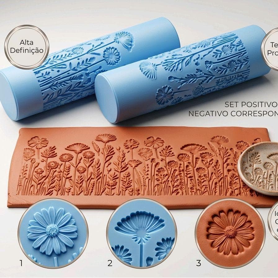 Rolo Textura Flores do Campo Para Argila Massa Polímer Clay Massinha artesanato Bricolagem Cerâmica