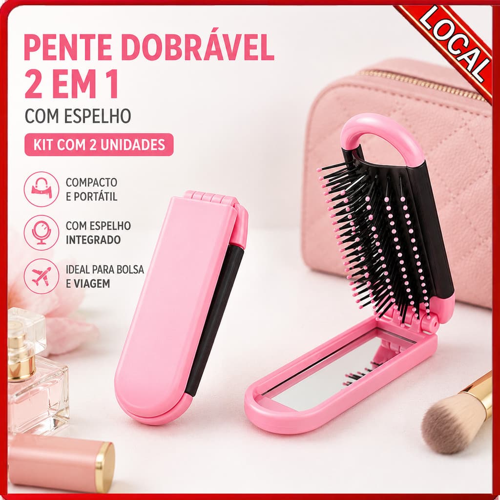 2 pentes de cabelo dobráveis com espelho rosa (único dobrável 11X4cm) portátil adequado para maquiagem