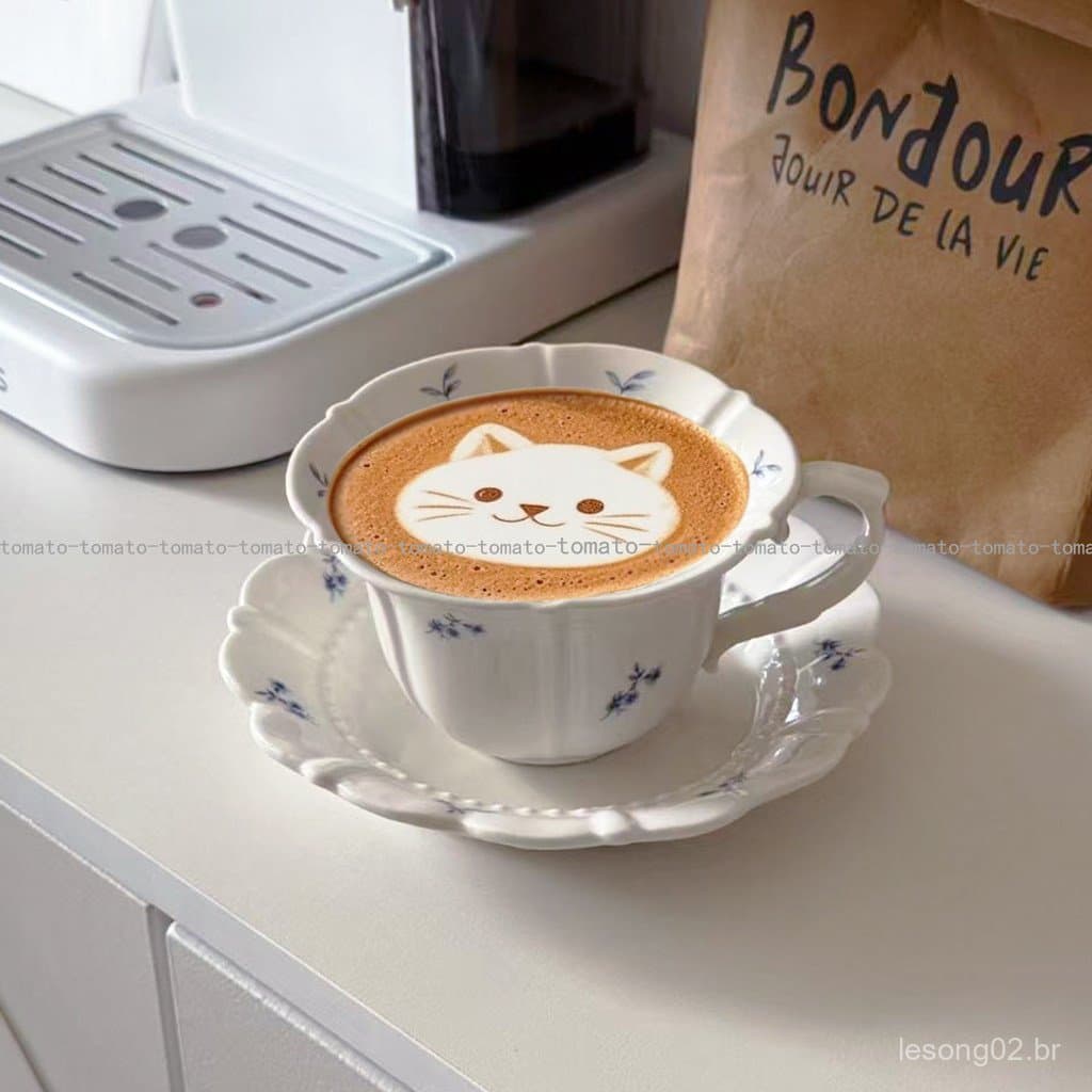 Xícara de café e pires de cerâmica com renda floral vintage estilo francês, xícara para latte art, prato de sobremesa pa