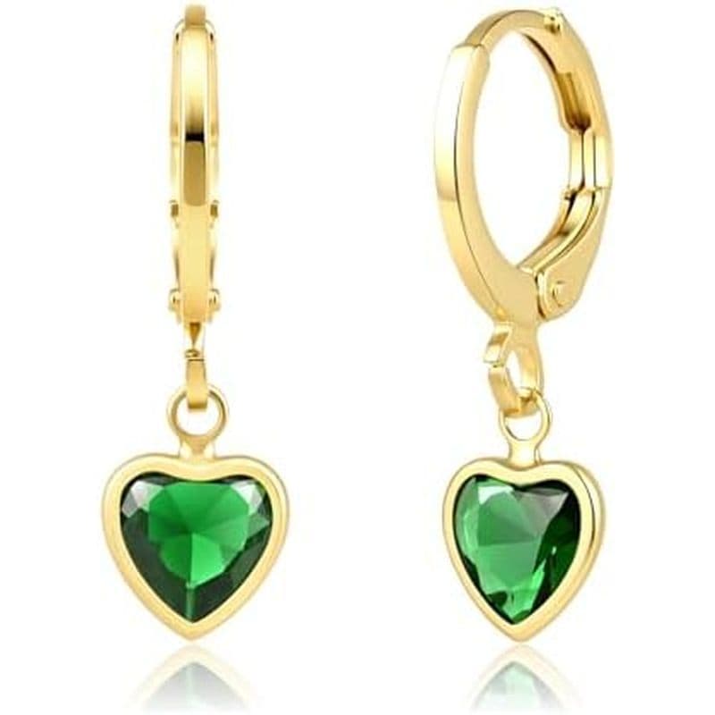Brincos Huggie Pendurados Com Coração S , De Argola Banhados A 14K Para Mulheres Delicados De Verde , Presente Mãe E Nam