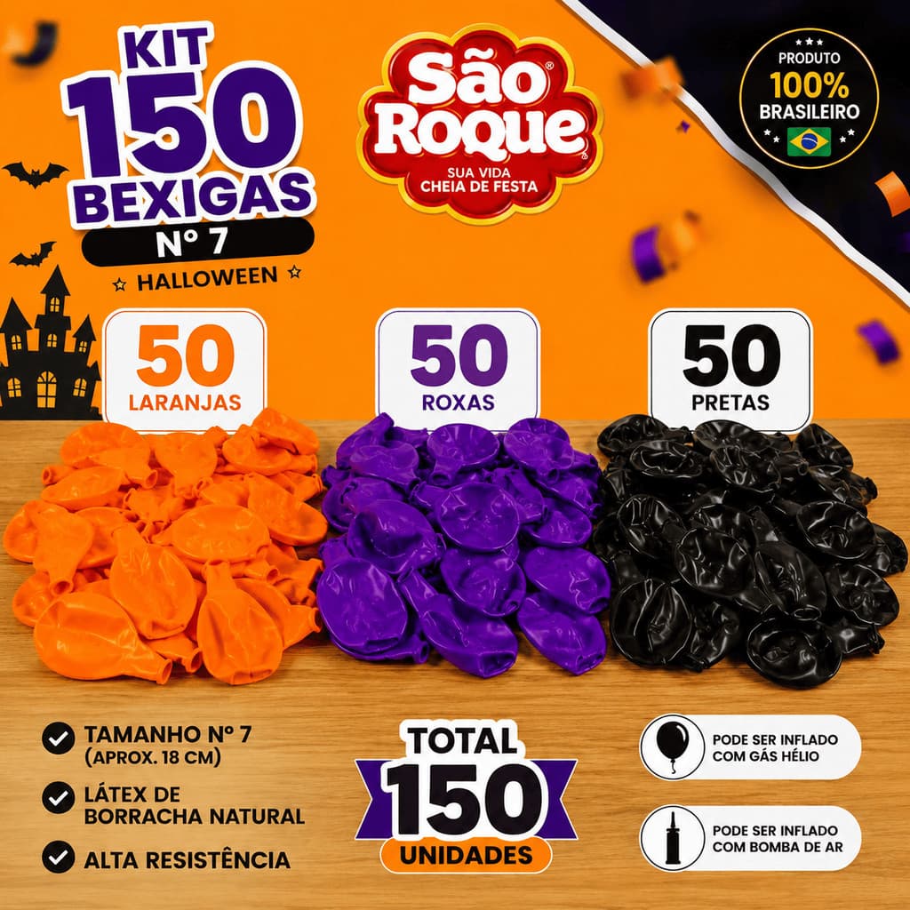 Kit com150 Bexigas São Roque Halloween Laranja Preta Roxa Azul Balão Nº 7 Festa das Bruxas