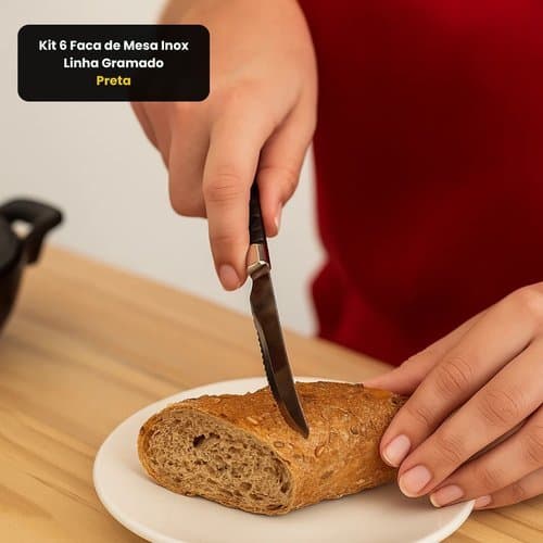 Kit 6 Facas Sobremesa Inox Linha Gramado Preto Conjunto Duravel Design Moderno