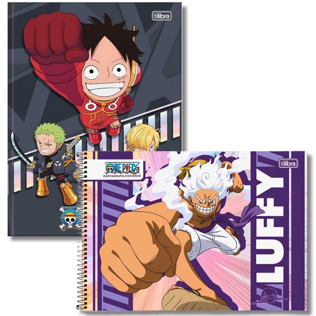 KIT 1 CADERNO BROCHURAO CAPA DURA ONE PIECE 80 FOLHAS PAUTADAS + 1 CARTOGRAFIA COM ADESIVOS TILIBRA
