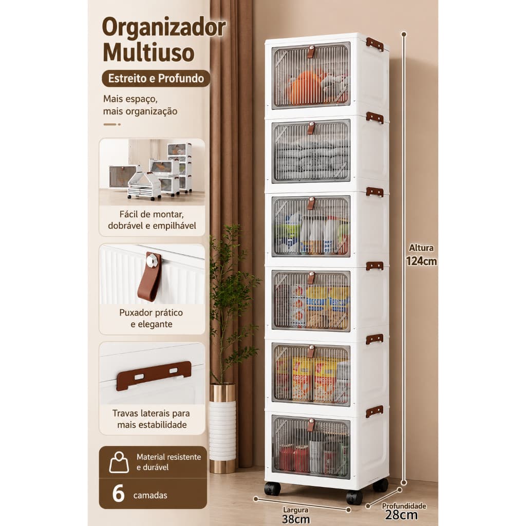Caixa Organizadora 6 Andares 129cm  Montagem Fácil, Porta Magnética e Rodas Universais Boa Qualidade