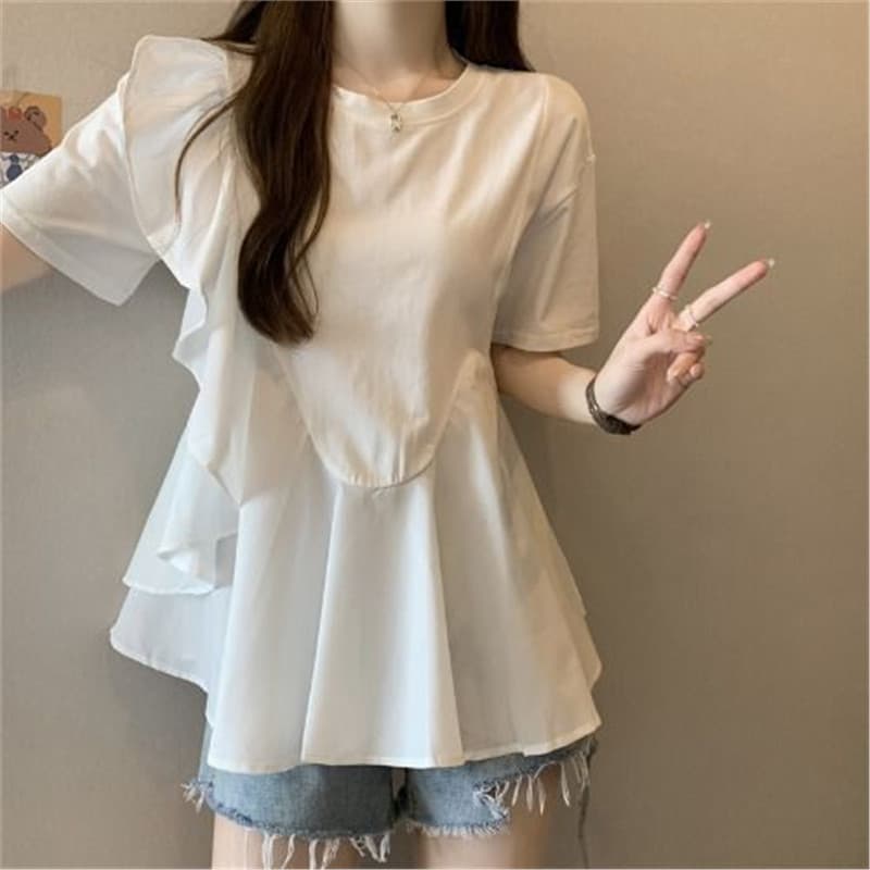 2025 verão tamanho grande novas senhoras chinesas em torno do pescoço camiseta manga curta babados costura mais magro ol