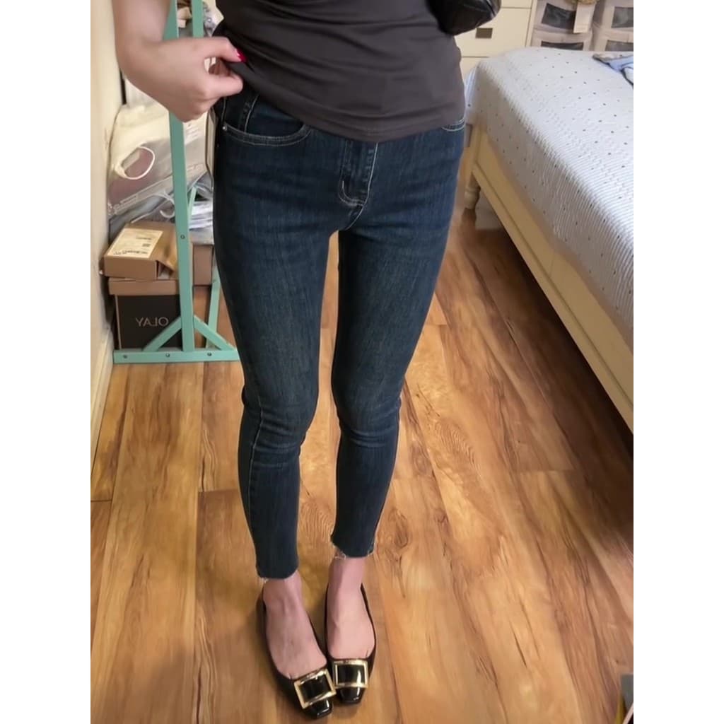 Azul escuro cintura alta Jeans feminino 2025 outono inverno pequeno magro estiramento desgastado calças magras tornozelo