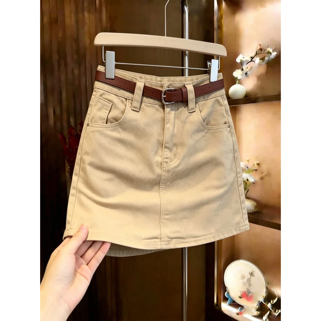 Saia jeans cáqui feminina verão mais magro olhar cintura alta saia evasê All-Match pequena saia quadril Anti-reflexo