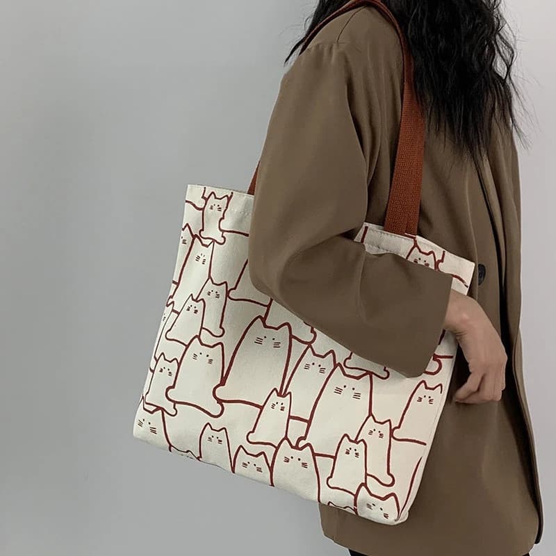 Bolsa de lona feminina, bolsa de compras, gato fofo, zíper, estilo de designer, estilo japonês, bolsa de desenho animado