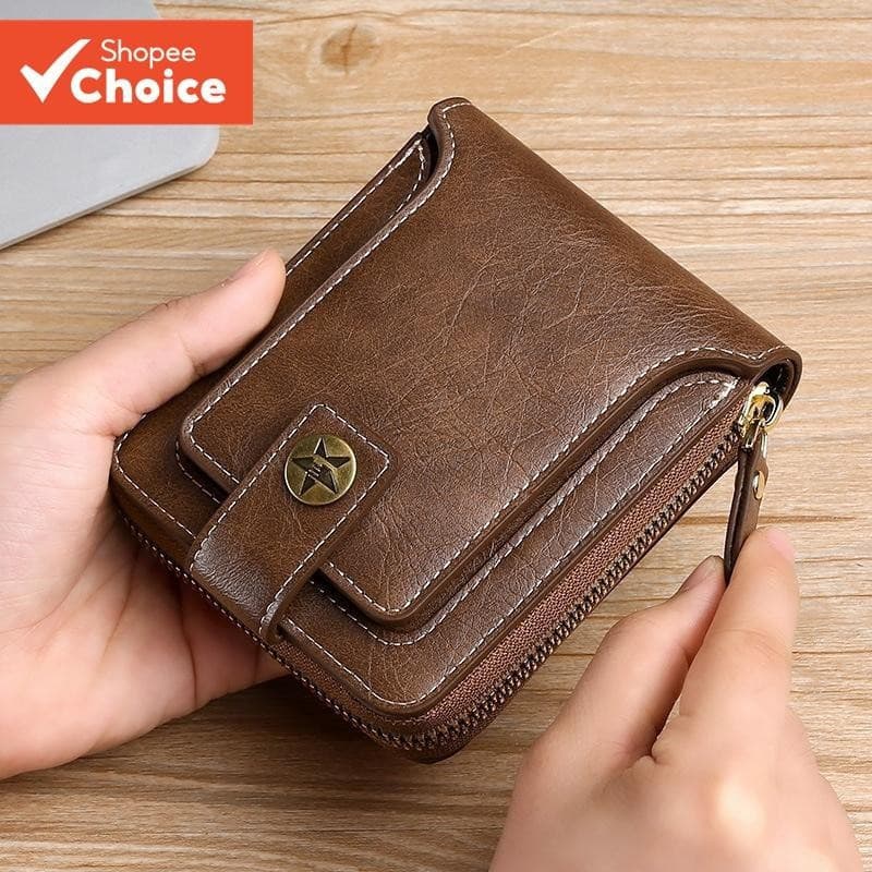 Carteira masculina vintage, feita de couro PU - possui design com zíper e fecho.